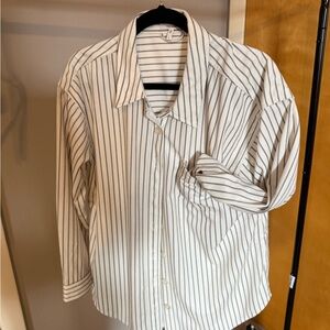 Maurices Cream and Black Vertical Stripe Button-Up Blouse